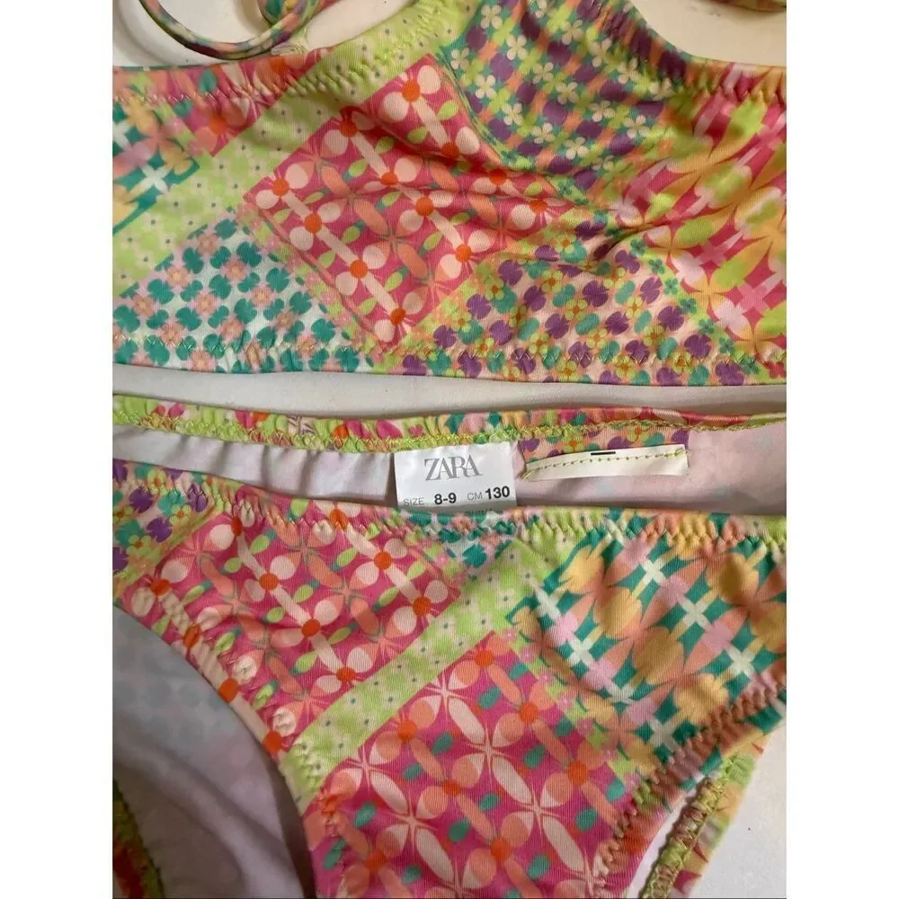 Zara Kids Girls Printed Halter Swim Two-Piece Bikini Set Multicolor Size 8-9